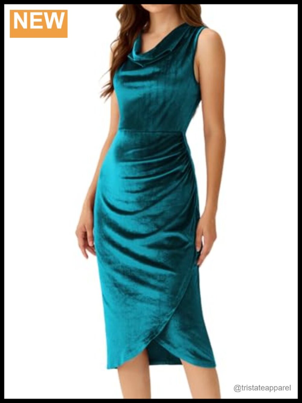 Velvet Cowl Neck Ruched Bodycon Midi Cocktail Dress Wedding Guest